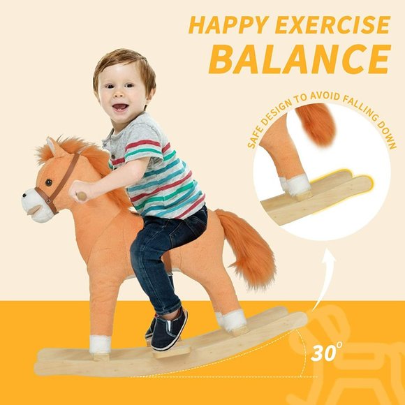 Kids Rocking Horse, Kids Wooden Rocking Horse - Tan - Picture 3 of 7